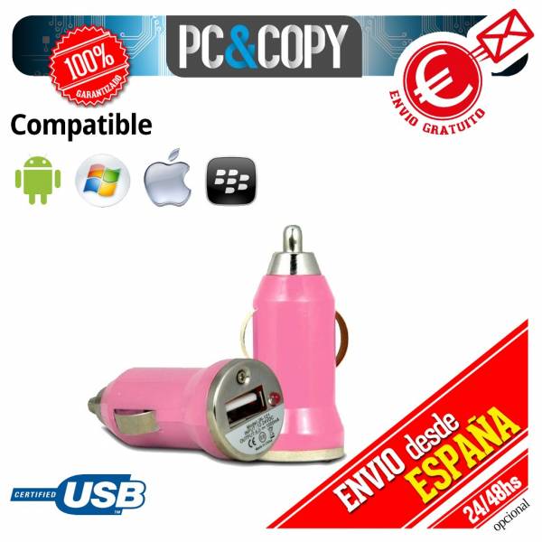 Pack 10 cargadores mechero coche USB 1A para movil tablet rosa car 12-24v  1000mA - Pcycopy